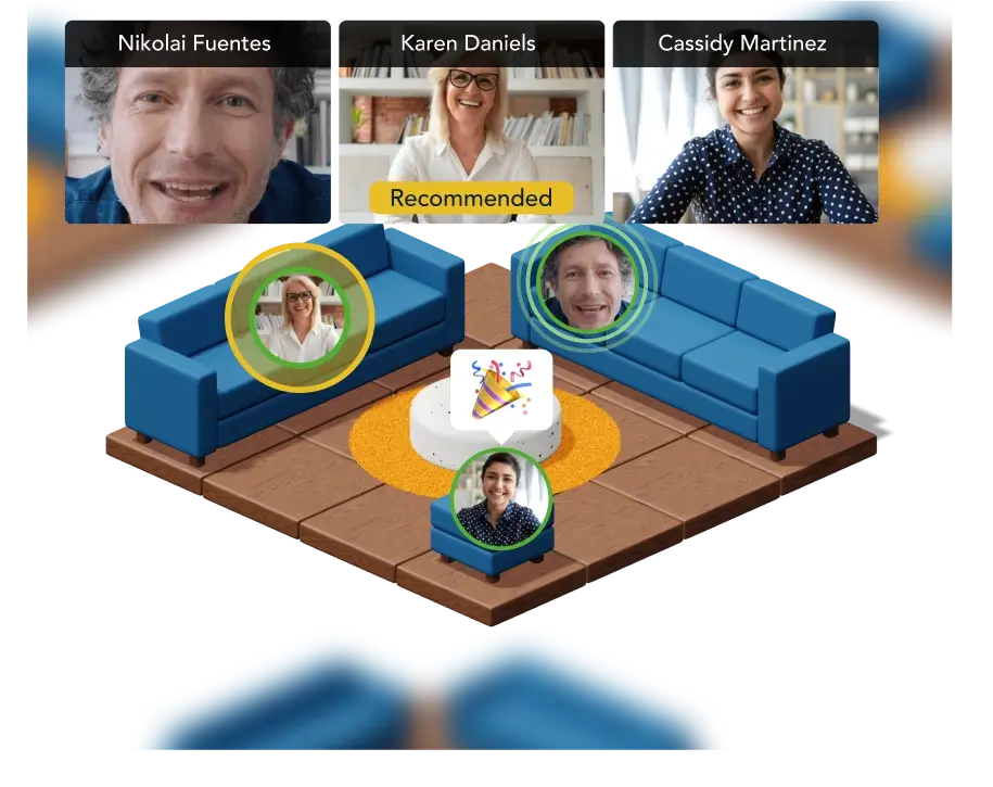 A group of 3 attendees connecting over a video call at a virtual table, where one of the attendees is a recommended match.
