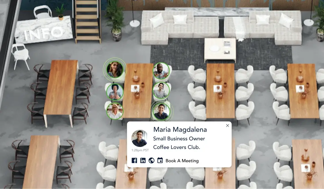 A community event hosted on Remo's online community event platform featuring a group of attendees at a table and the attendee profile of one user open