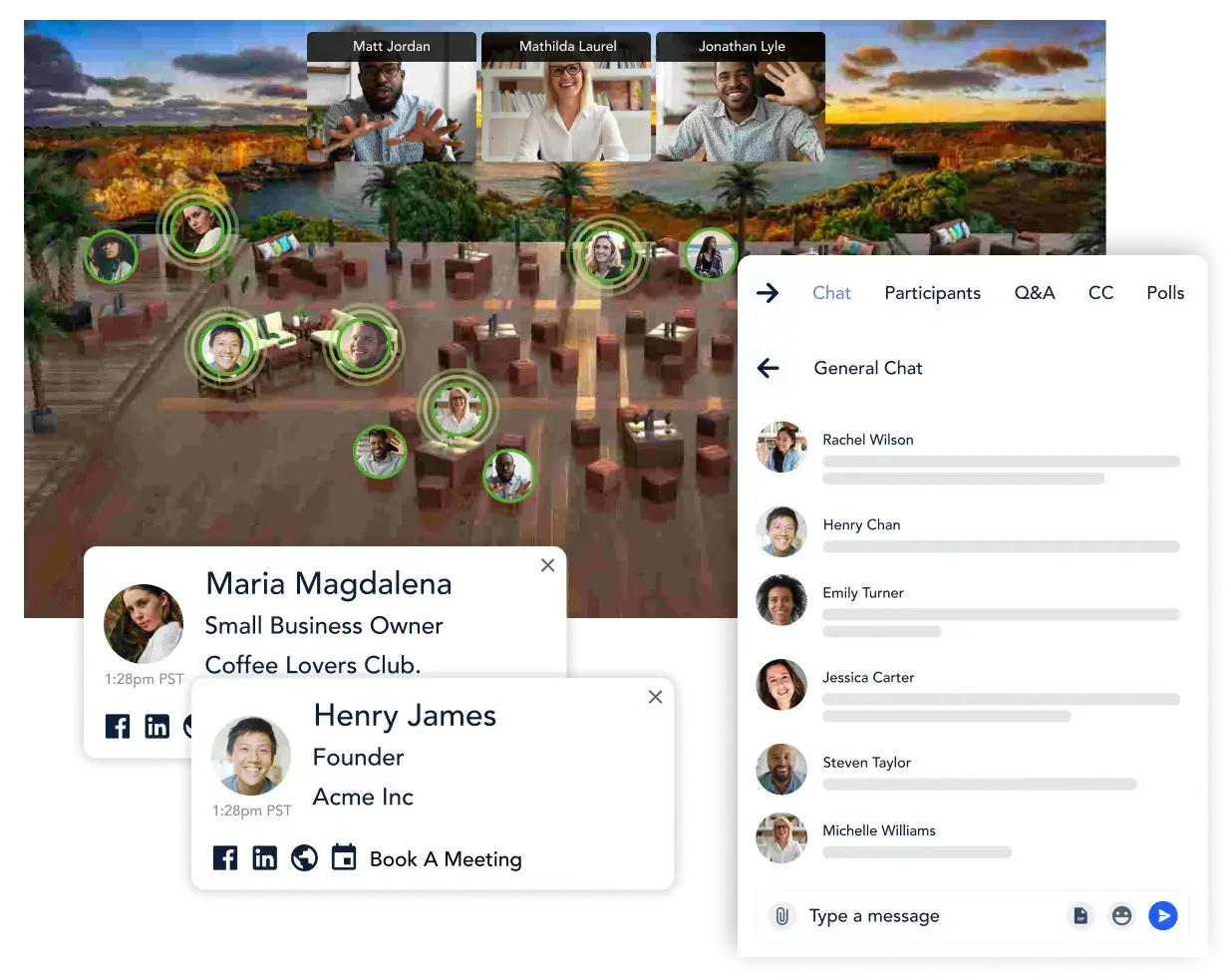 Remo's virtual community event platform, featuring the event networking space, chat and attendee profile features
