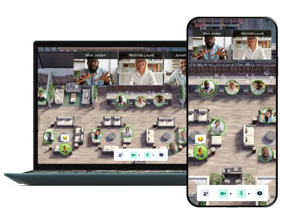 An event hosted on Remo's online community event platform, viewed on both a laptop and mobile screen