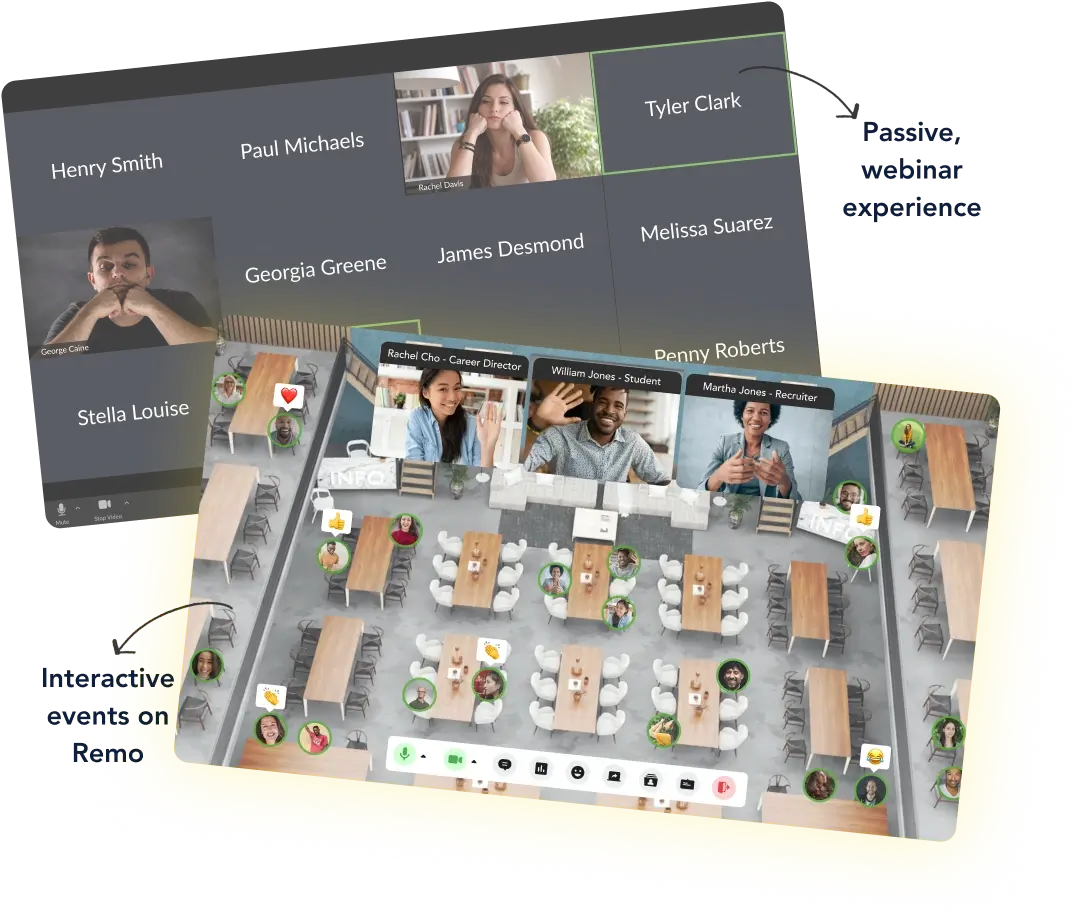Comparison of a passive webinar grid versus Remo’s interactive virtual event floor, encouraging active participant engagement