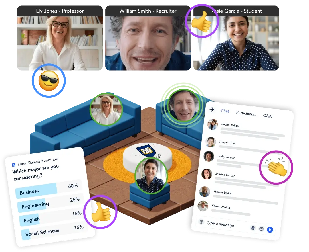 Professor, recruiter, and student engaging on Remo with interactive polls, emoji reactions, and spatial chat for higher education networking