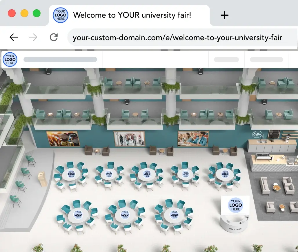 Custom-branded virtual university fair on Remo featuring a white-label domain, university logo and an immersive campus-style event space
