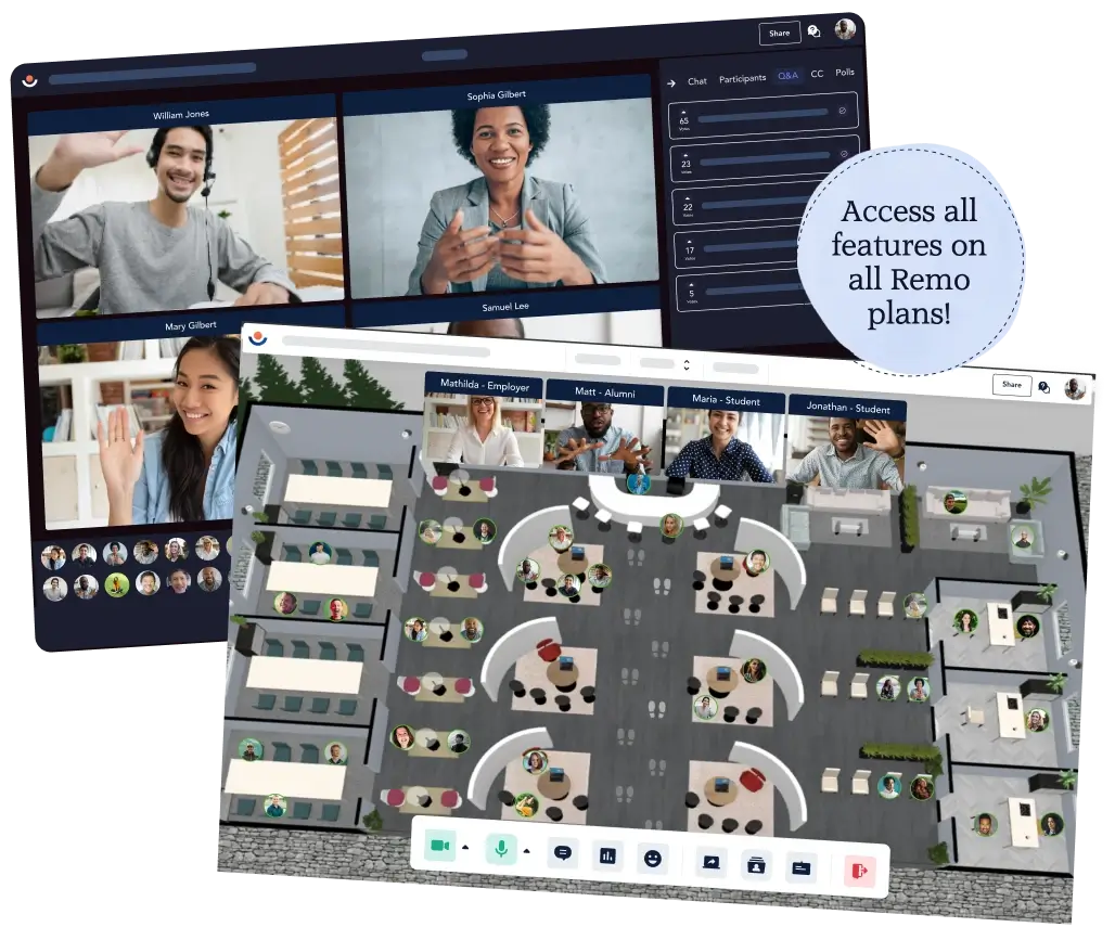 Remo's video webinar and virtual networking interfaces for diverse college campus events, showing the "Access all features on all plans!" pricing badge.