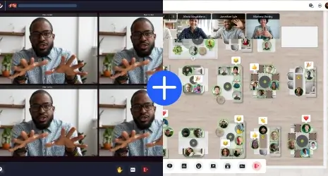 Remo’s dual interface showing a presentation webinar mode alongside an interactive spatial networking floor with video chat avatars