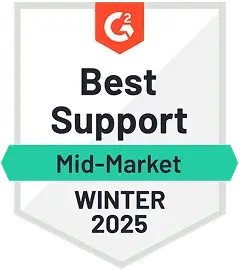 G2 badge for Best Support in Mid-Market for Winter 2025