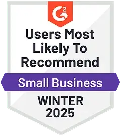 G2 badge for Users Most Likely to Recommend for Small Business in Winter 2025