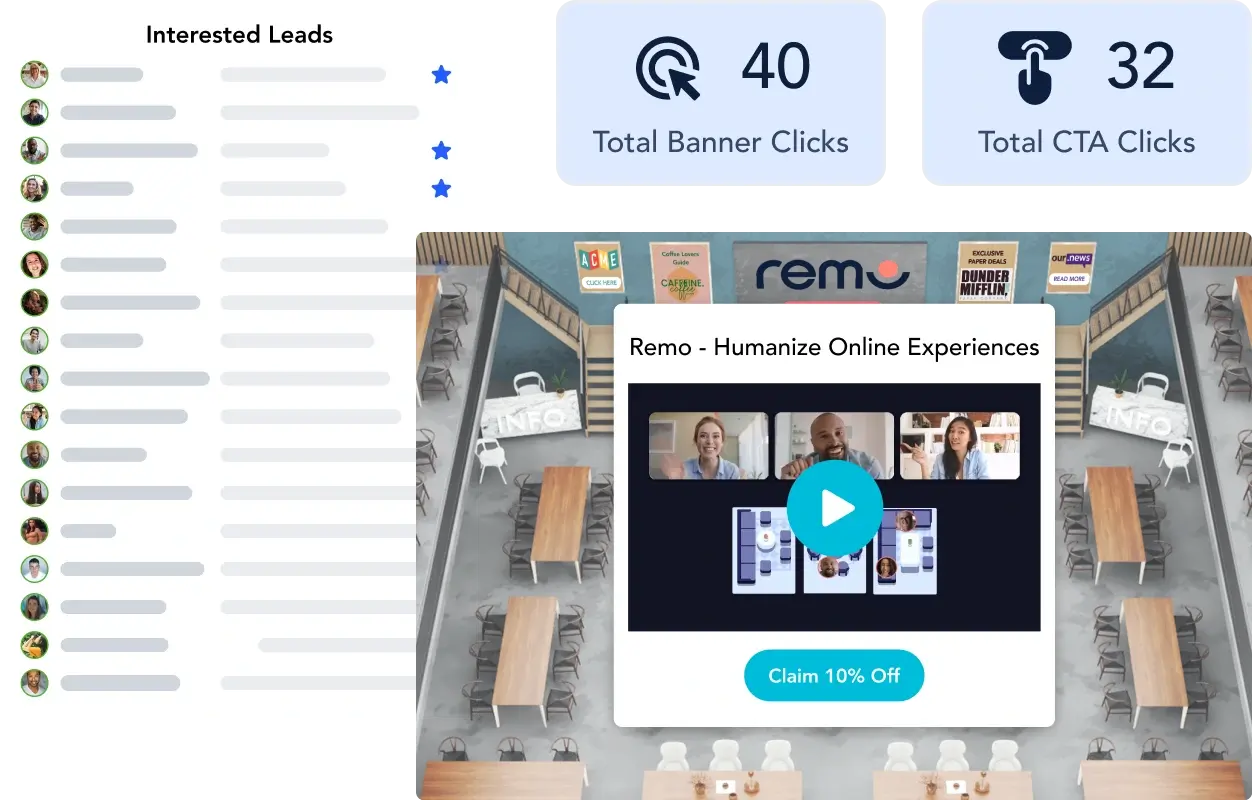 An image showcasing an open clickable content banner on Remo's platform with a video and CTA button, plus metrics showing how many users clicked on the banner, the CTA and who clicked.