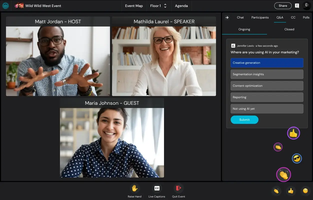 Remo's presentation mode showing a variety of interactive tools available including polls, reactions, and bringing guests onto stage.