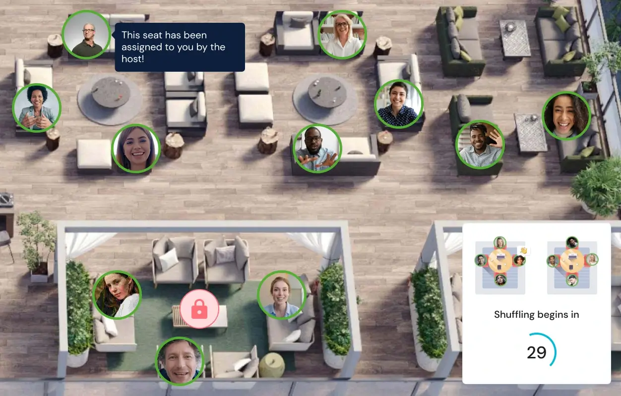 An event on Remo with avatars at different tables talking showcasing various ways attendees can network on Remo including free movement, locked tables, assigned groups, and random shuffles.