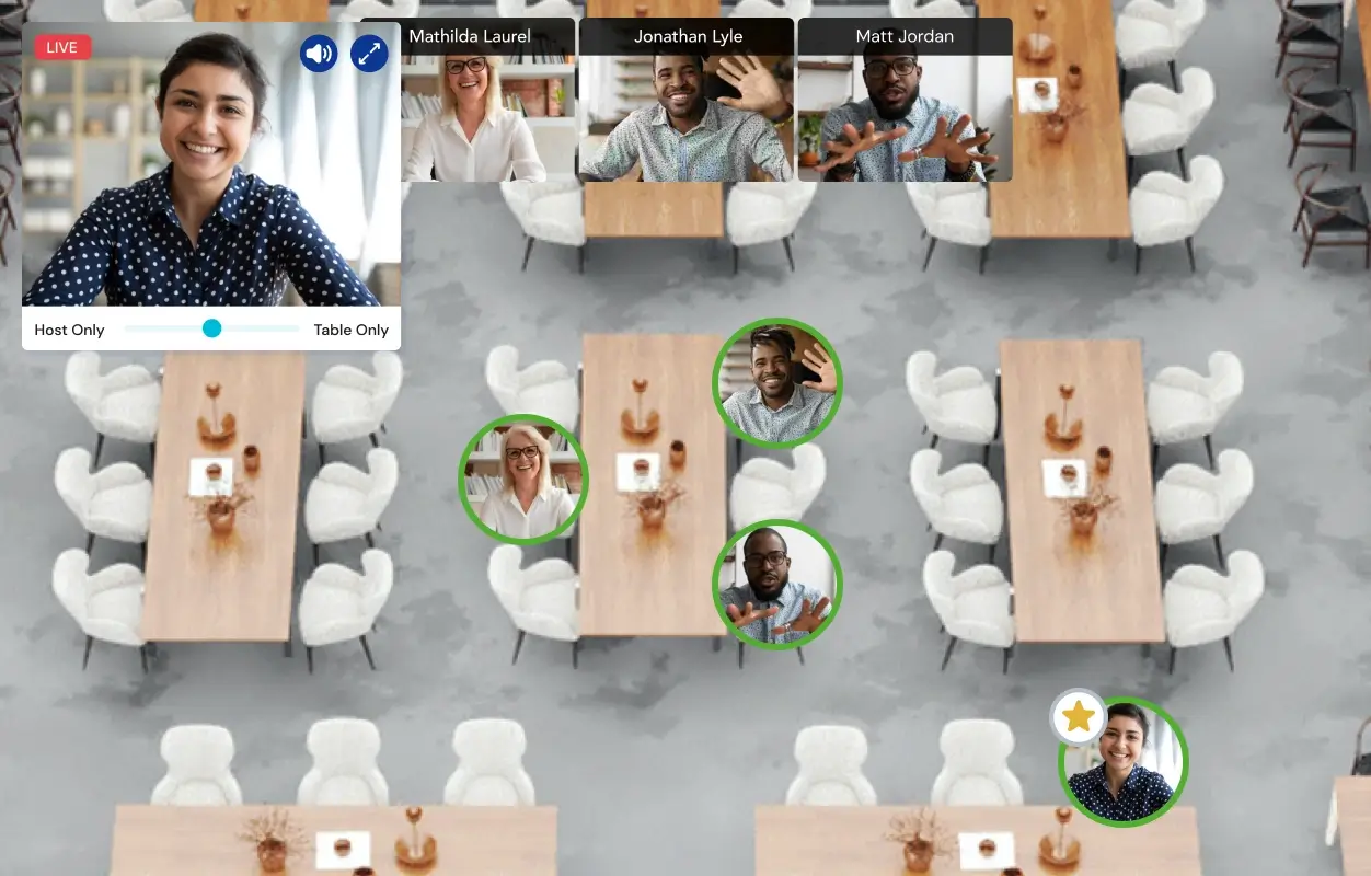 A Remo event where the organizer is currently broadcasting across all virtual tables/breakout rooms with audio and video.