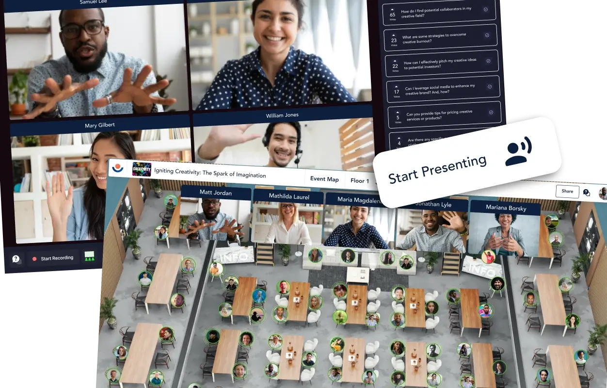 A graphic showing the two modes of Remo's virtual event platform: Conversation mode for networking and Presentation mode for presentations.