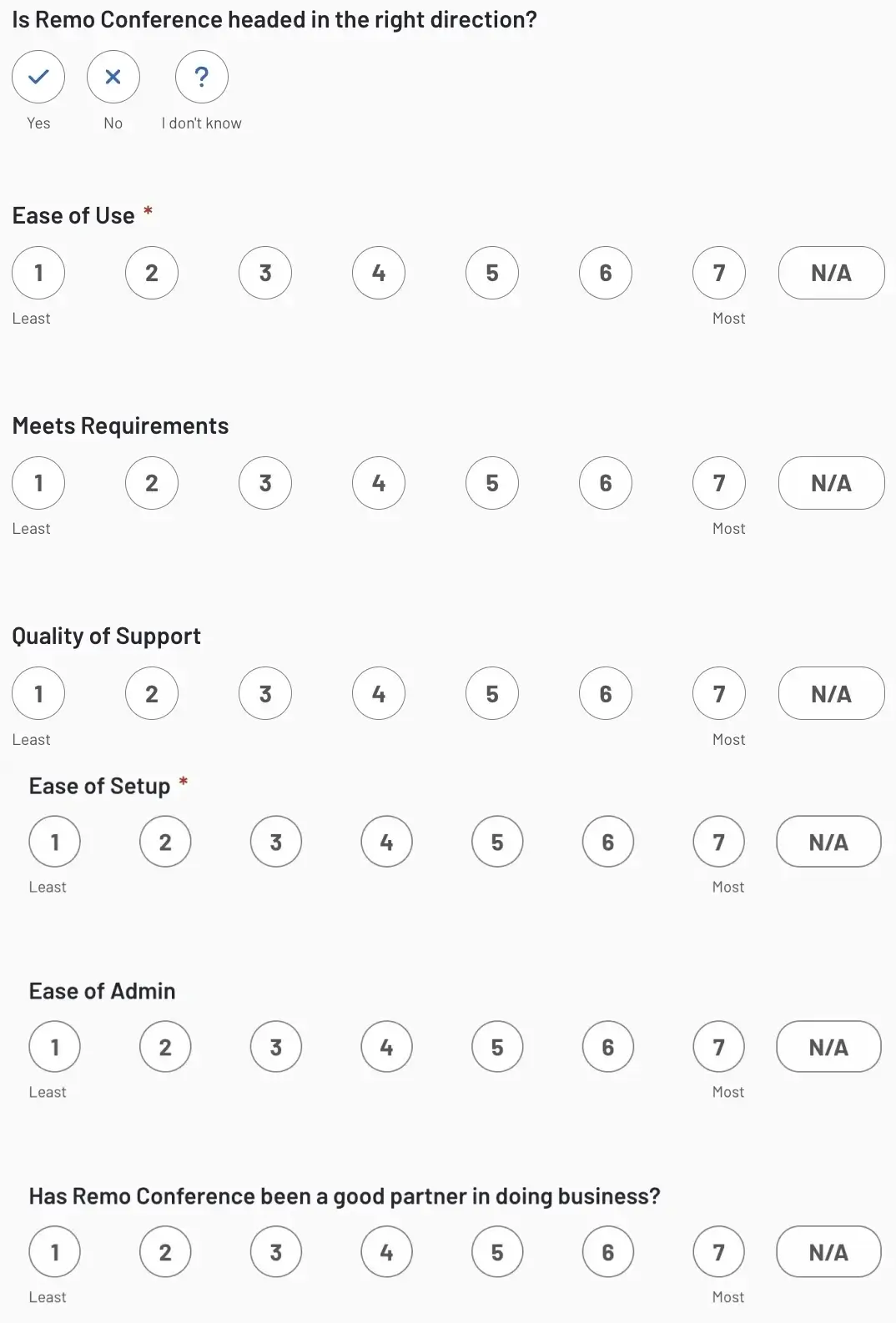 Satisfaction and opinion questions from G2's review form