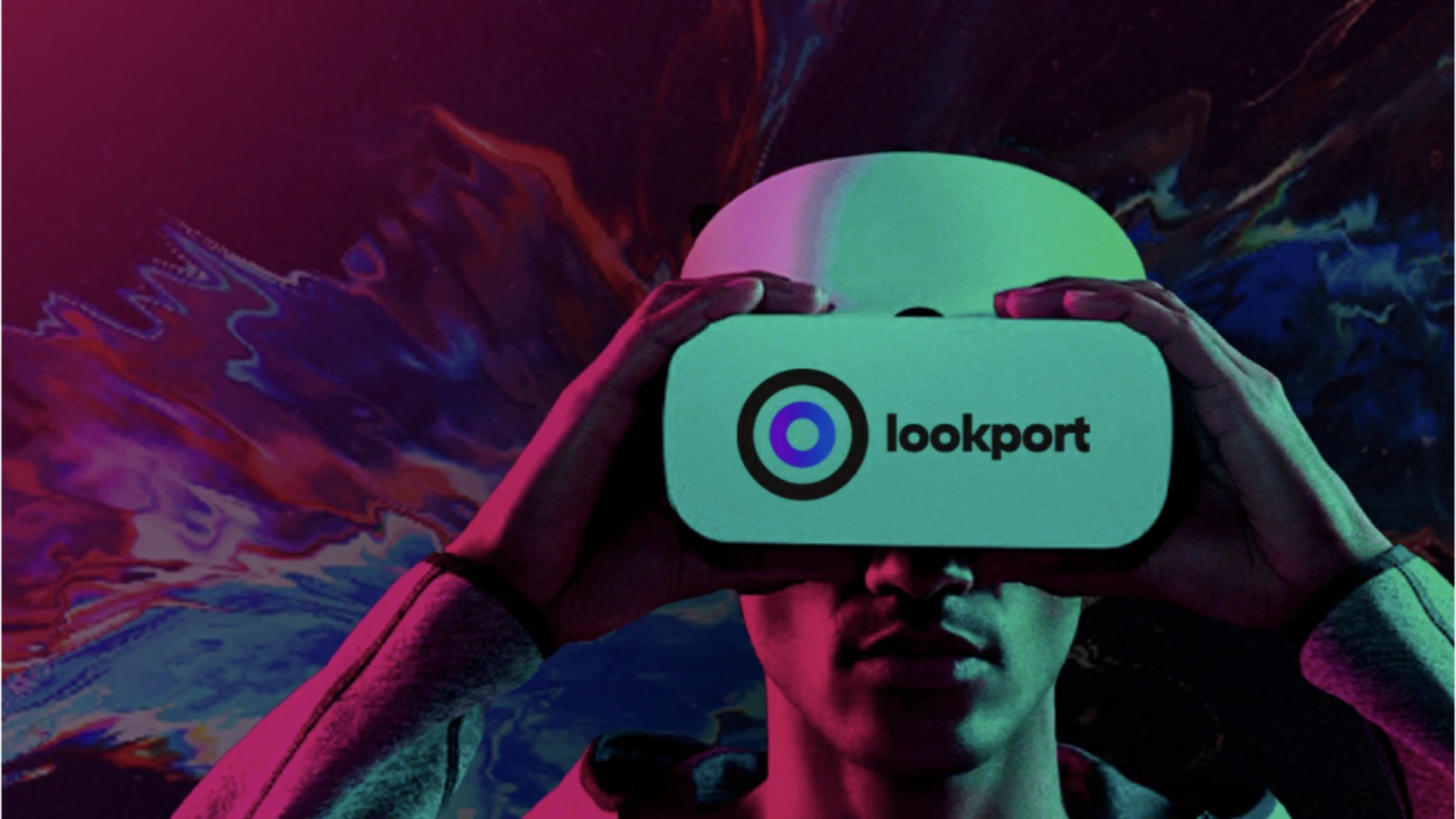 A person wearing a Lookport branded VR headset
