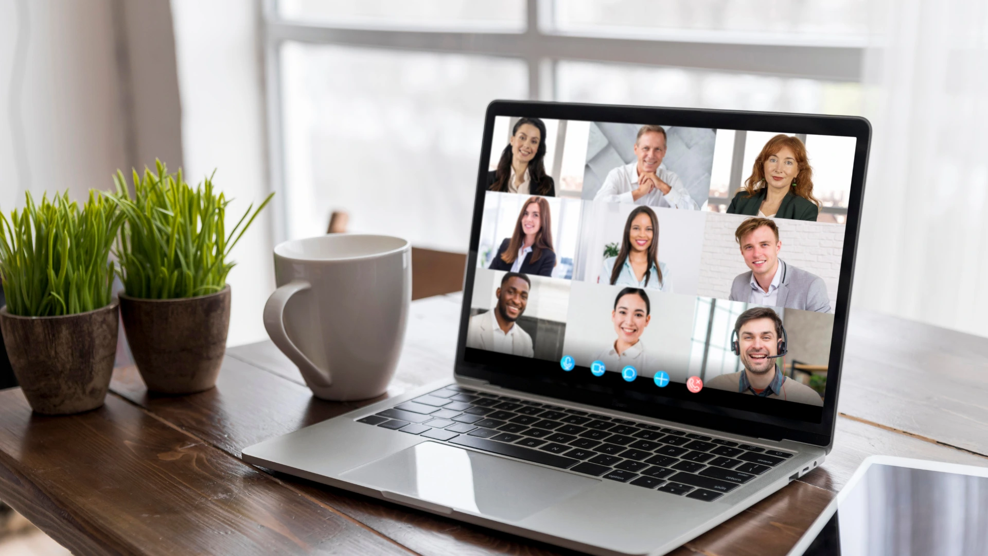 A laptop with an online event happening and a coffee mug