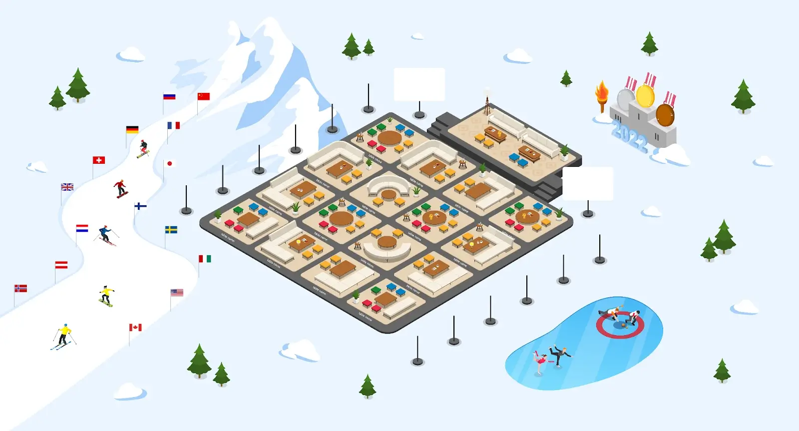 Winter Olympics inspired floor plan for a virtual Olympics party hosted on Remo