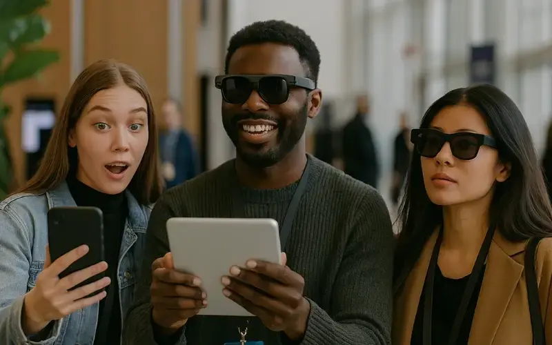 Three people wearing AR smart glasses use a smartphone and tablet together for an augmented reality event experience at an event