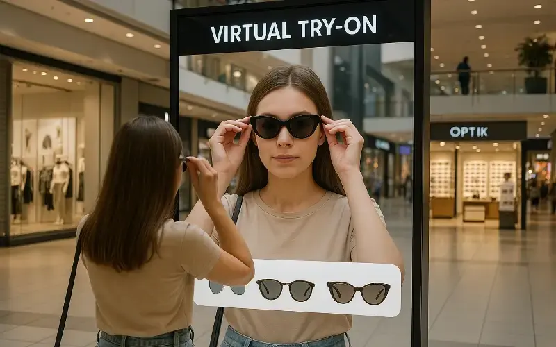 An augmented reality experience where a woman is standing in front of a massive AR mirror, virtually trying on different glasses