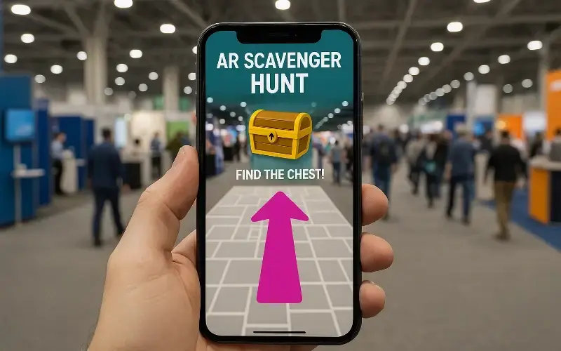 Hand holding a smartphone at an expo, displaying an augmented reality event experience - a scavenger hunt game with a treasure chest icon and an arrow guiding players