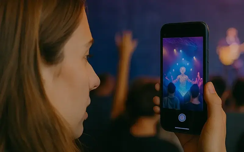 Close-up of a woman holding a smartphone at a concert, where the screen shows an augmented reality figure on stage among the performers