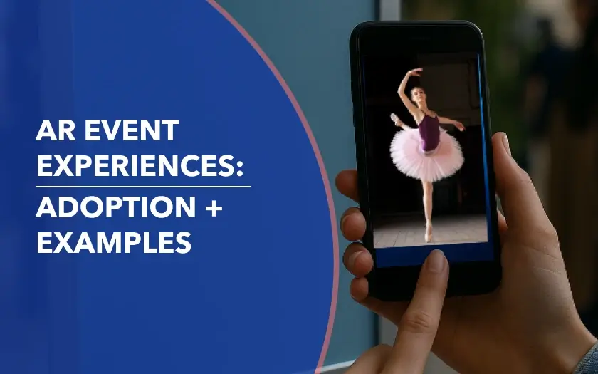 A person holding a phone displaying an AR experience of a ballerina dancing with a text overlay reading AR Event Experiences: Adoption + Examples