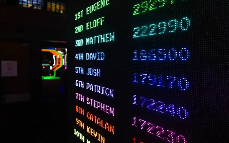 Colorful digital leaderboard displaying player names and scores, representing competition and ranking in a gamified system.