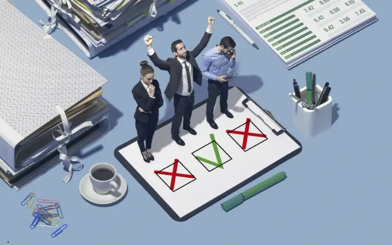Miniature business team standing on a checklist board with marks and symbols, representing teamwork, competition, and goal-based challenges in a gamified environment.