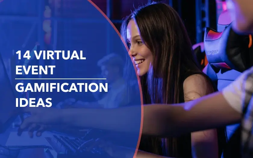An attendee using a computer to engage in a game with a text overlay reading "14 Virtual Event Gamification Ideas"