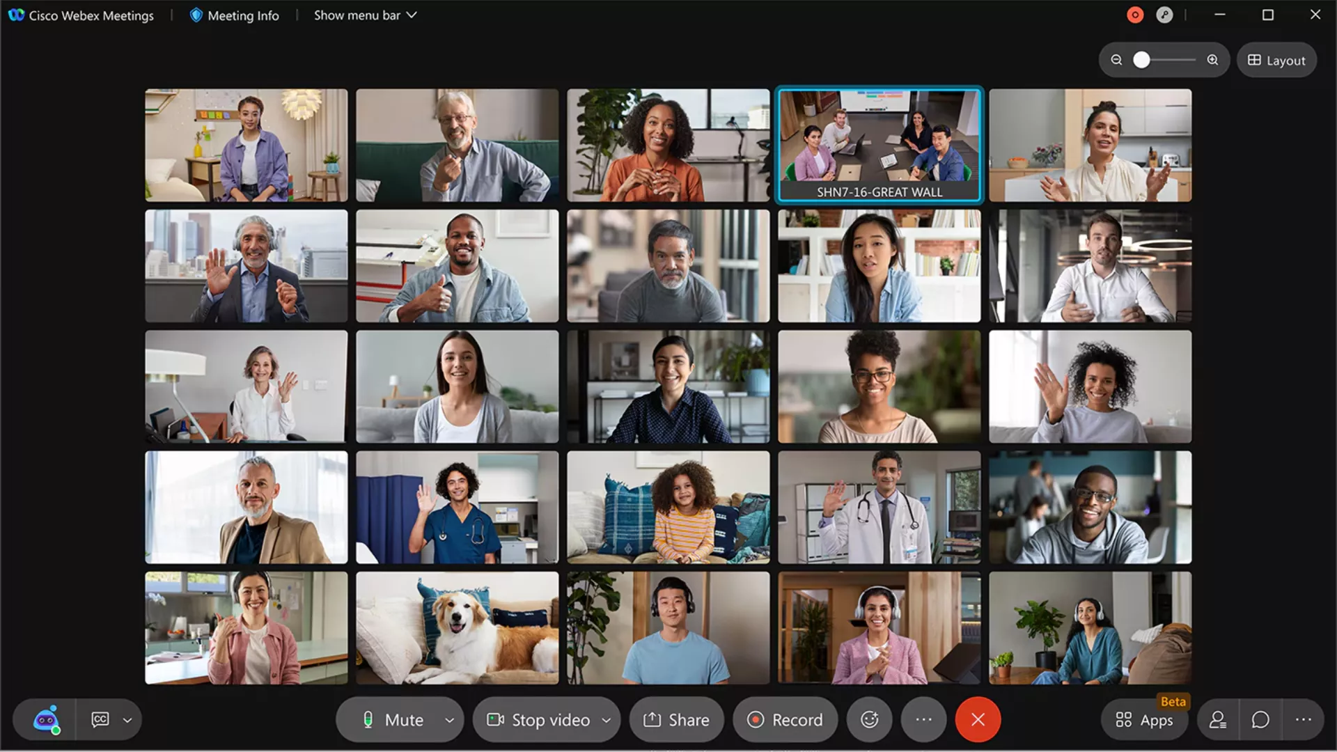 Cisco Webex meeting grid with multiple speakers — a secure enterprise Zoom alternative.