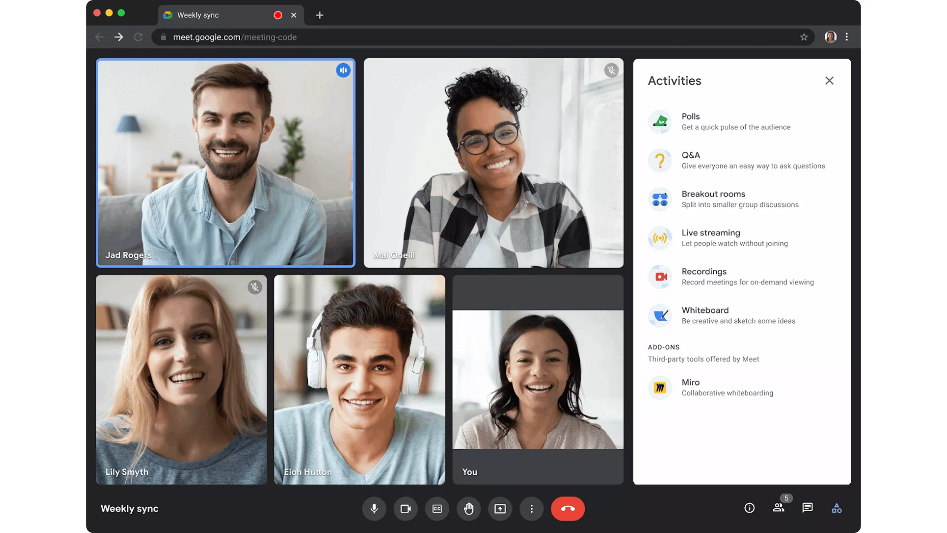 Google Meet group video meeting interface with multiple participants — a free Zoom alternative for team meetings.