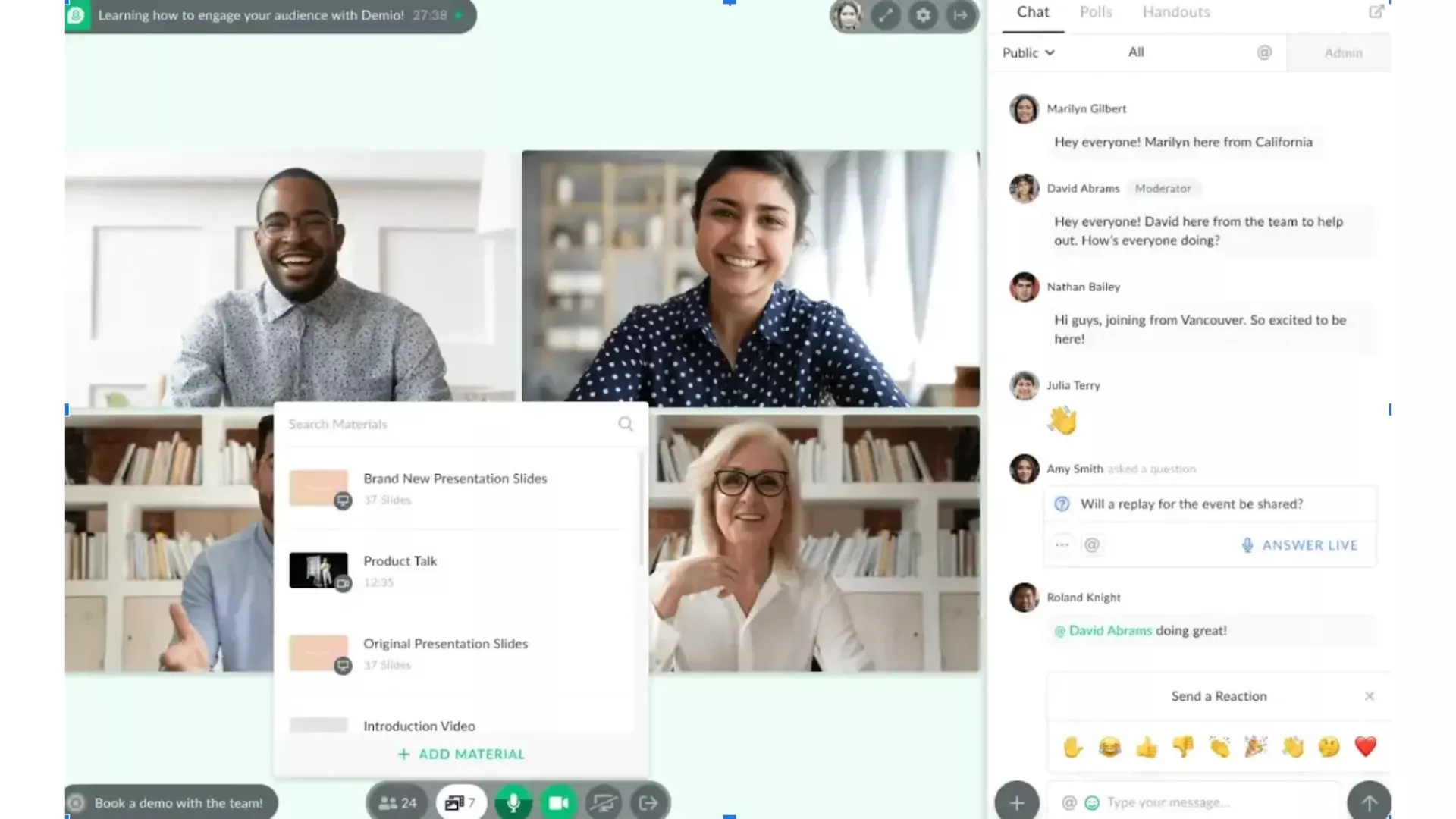 Demio webinar platform with live chat and polls — a marketing-focused Zoom alternative for webinars.