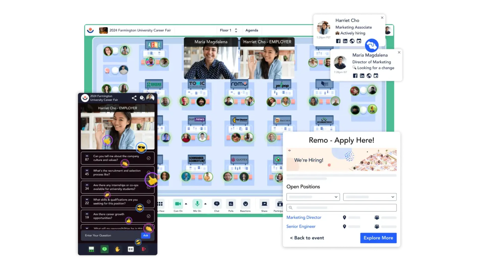 Interactive floor plan and video networking interface on Remo, showing how virtual career fair platforms for universities enable live student-employer engagement.