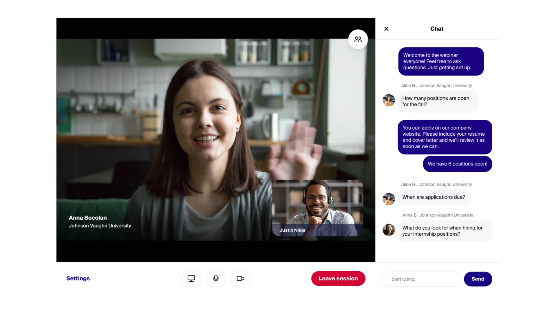 Student and recruiter communicating through a structured video session on Handshake, one of the top virtual career fair platforms for universities.