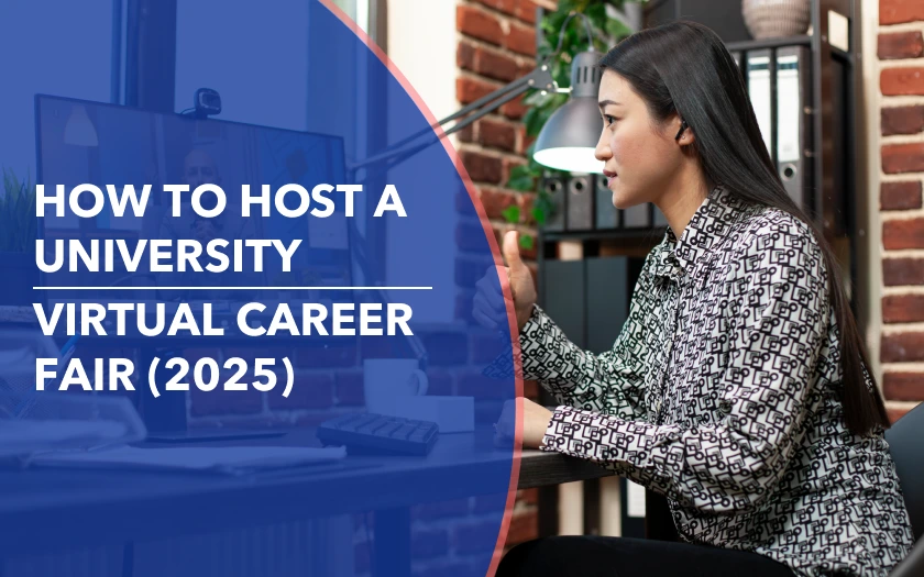 Female event organizer hosting a virtual career fair from her home office, representing How to Host a University Virtual Career Fair guide for 2025.