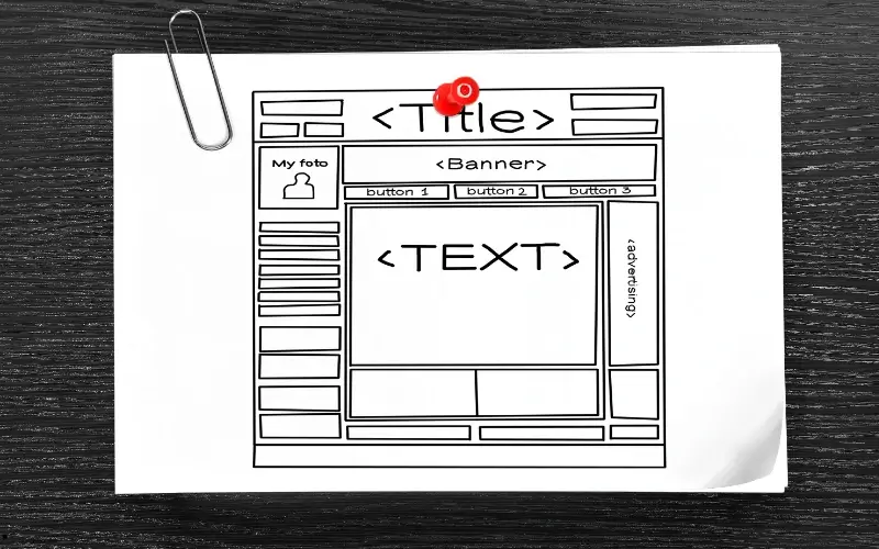 Paper with a wireframe-style event press release template design, showing editable placeholders for title, banner, and main text.