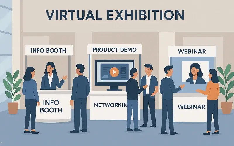 Illustration of a virtual exhibition hall with attendees interacting at digital booths for demos, networking, and webinars.