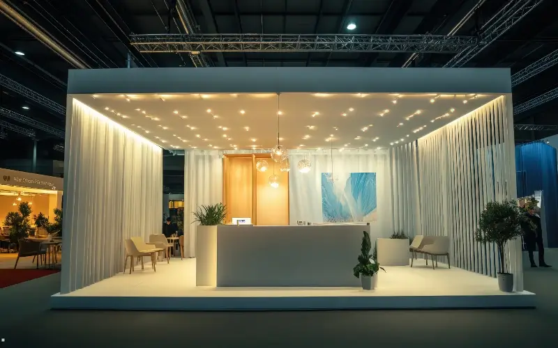 Modern exhibition booth design showcasing a clean, open layout for virtual exhibition booth ideas.
