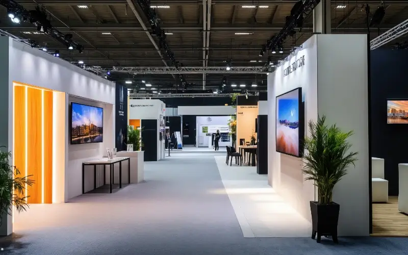 Exhibition hall with multiple modern booths, illustrating virtual exhibition booth layout ideas.