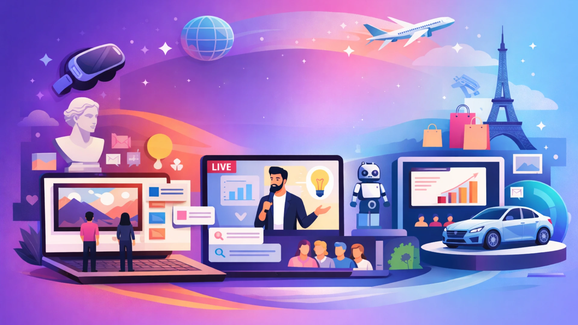 Example of one of the types of exhibitions hosted online, showing a virtual art exhibition where attendees explore artwork and interact in a digital gallery.