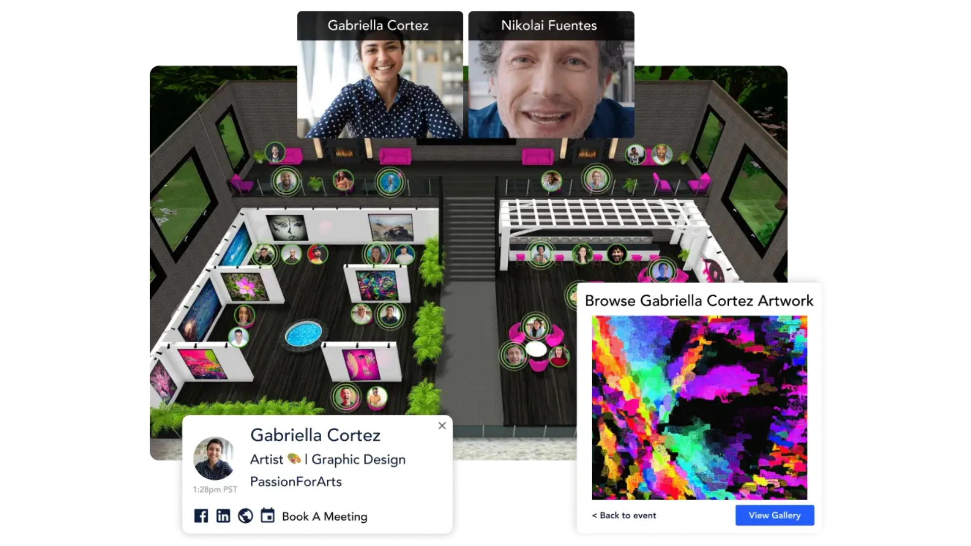 Presenter explaining different types of exhibitions you can take online and how virtual exhibition formats work for event organizers on a Remo floor plan.