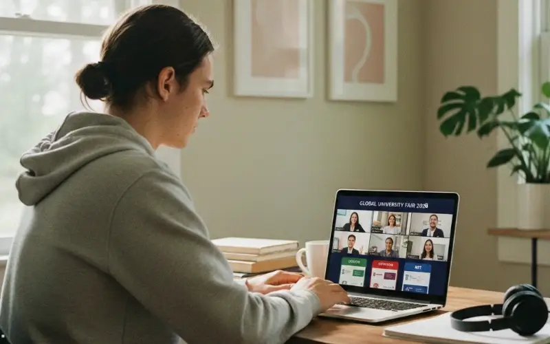 Virtual education fair experience showing a student connecting with university representatives online from home.