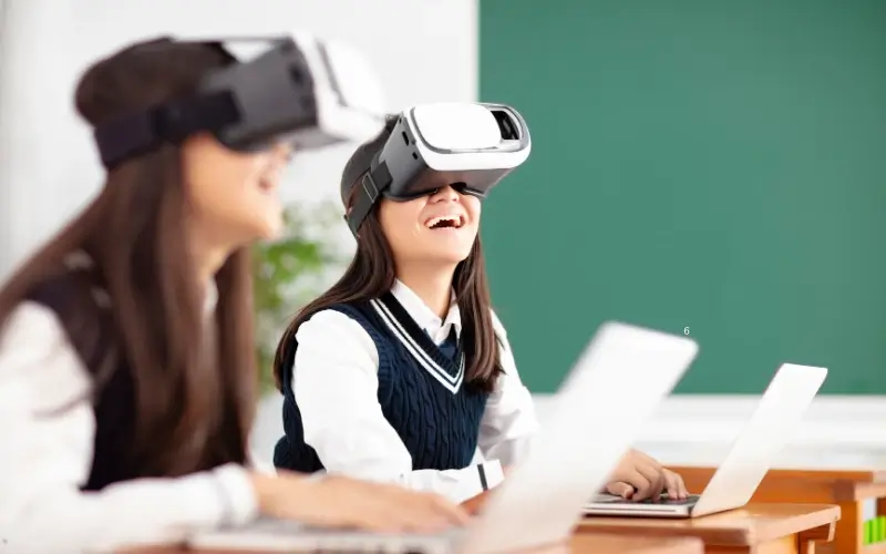 Students using VR headsets to explore immersive learning experiences, representing the future of virtual education fairs with VR and AR technology.