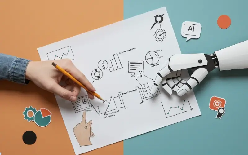 A human hand holding a pencil and a robotic hand collaborating over a sketch of charts, workflows, and ideas, representing human creativity enhanced by AI tools.