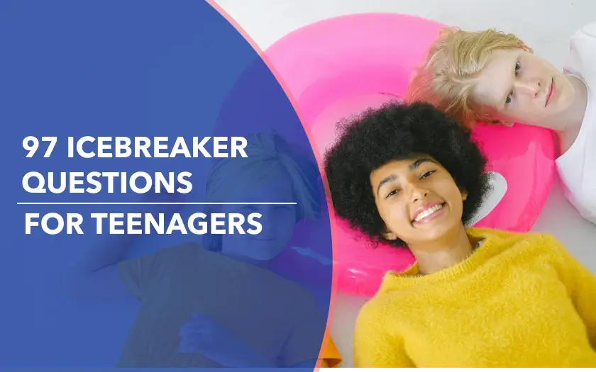 Teenagers lying together on a bright background, smiling and relaxed, representing fun icebreaker questions for teens and friendly group conversations.