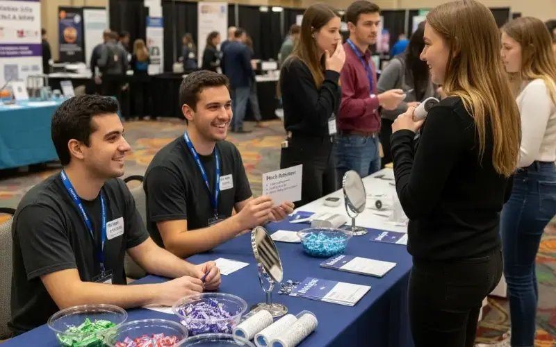 Students practicing and refining their elevator pitches with peers at a career fair booth designed for quick feedback and confidence-building