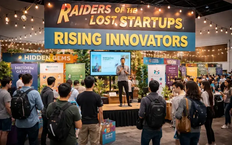 Startup-focused career fair booth area featuring a small stage, founder presentations, and students engaging with emerging companies