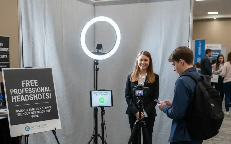 Student having a professional headshot taken at a career fair photo booth designed to help attendees create LinkedIn-ready images