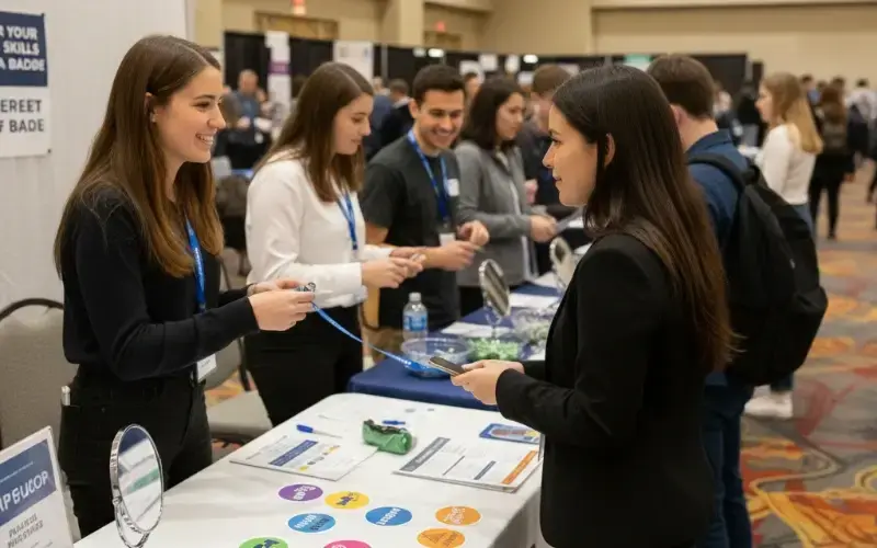 Students and employers exchanging information and having conversations at a well-organized career fair booth