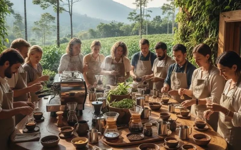 Attendees participating in a hands-on experiential coffee event, collaboratively brewing and tasting different coffee blends at a large table surrounded by natural greenery.