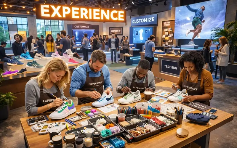 Attendees customizing sneakers at an experiential brand event, participating in a hands-on shoe design workshop with interactive displays and product demos.